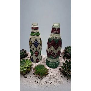2 - Vintage Handmade Beaded “Boho Style” Decorative Glass 7 inch Bottles